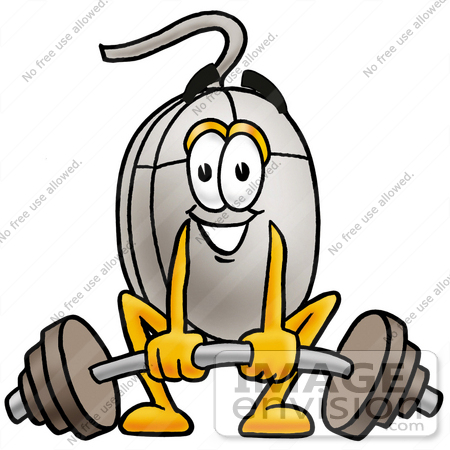 #24838 Clip Art Graphic of a Wired Computer Mouse Cartoon Character Lifting a Heavy Barbell by toons4biz