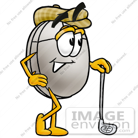 #24839 Clip Art Graphic of a Wired Computer Mouse Cartoon Character Leaning on a Golf Club While Golfing by toons4biz