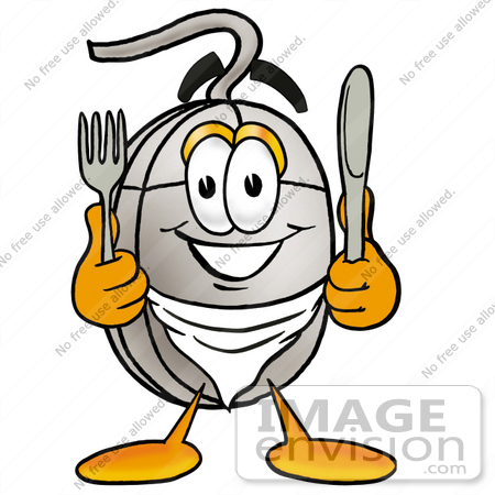 #24841 Clip Art Graphic of a Wired Computer Mouse Cartoon Character Holding a Knife and Fork by toons4biz