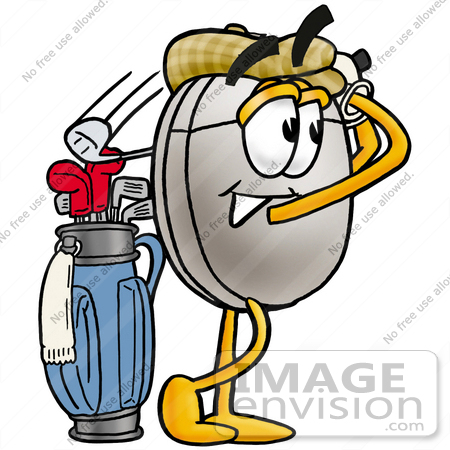 #24842 Clip Art Graphic of a Wired Computer Mouse Cartoon Character Swinging His Golf Club While Golfing by toons4biz