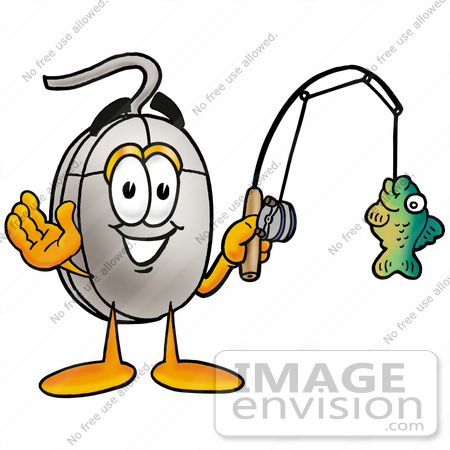 #24846 Clip Art Graphic of a Wired Computer Mouse Cartoon Character Holding a Fish on a Fishing Pole by toons4biz