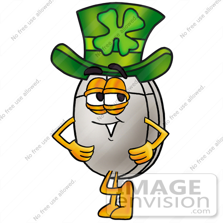 #24849 Clip Art Graphic of a Wired Computer Mouse Cartoon Character Wearing a Saint Patricks Day Hat With a Clover on it by toons4biz