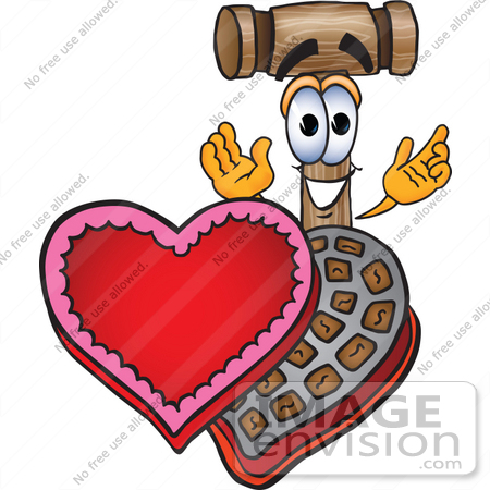 #24866 Clip Art Graphic of a Wooden Mallet Cartoon Character With an Open Box of Valentines Day Chocolate Candies by toons4biz