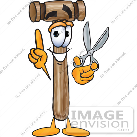 #24876 Clip Art Graphic of a Wooden Mallet Cartoon Character Holding a Pair of Scissors by toons4biz