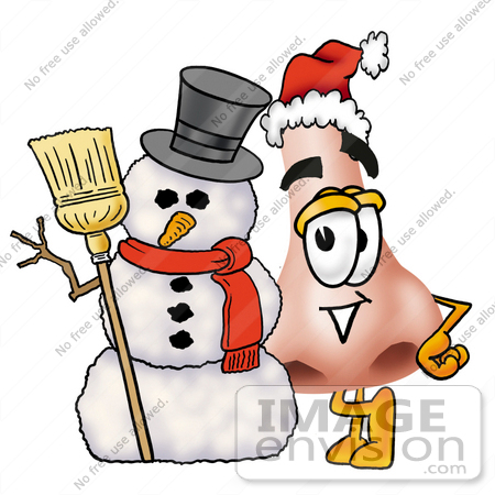#24889 Clip Art Graphic of a Human Nose Cartoon Character With a Snowman on Christmas by toons4biz