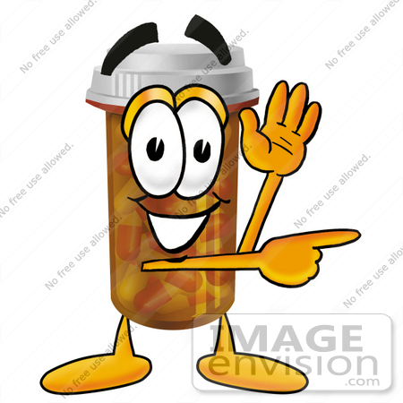 #24921 Clip Art Graphic of a Medication Prescription Pill Bottle Cartoon Character Waving and Pointing by toons4biz