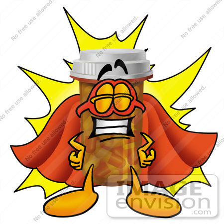 #24924 Clip Art Graphic of a Medication Prescription Pill Bottle Cartoon Character Dressed as a Super Hero by toons4biz