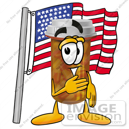 #24927 Clip Art Graphic of a Medication Prescription Pill Bottle Cartoon Character Pledging Allegiance to an American Flag by toons4biz