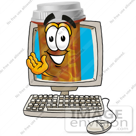 #24929 Clip Art Graphic of a Medication Prescription Pill Bottle Cartoon Character Waving From Inside a Computer Screen by toons4biz