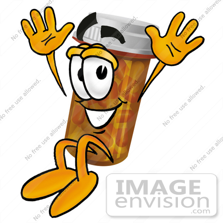 #24930 Clip Art Graphic of a Medication Prescription Pill Bottle Cartoon Character Jumping by toons4biz