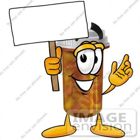 #24932 Clip Art Graphic of a Medication Prescription Pill Bottle Cartoon Character Holding a Blank Sign by toons4biz