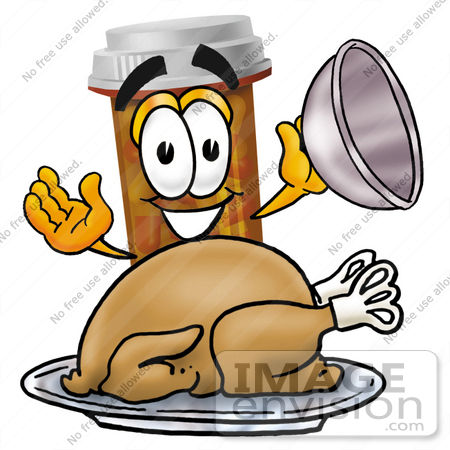 #24938 Clip Art Graphic of a Medication Prescription Pill Bottle Cartoon Character Serving a Thanksgiving Turkey on a Platter by toons4biz