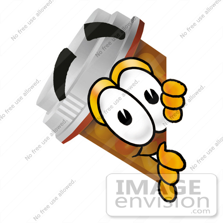 #24941 Clip Art Graphic of a Medication Prescription Pill Bottle Cartoon Character Peeking Around a Corner by toons4biz