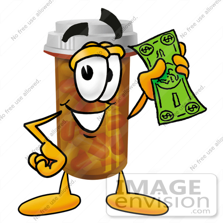#24942 Clip Art Graphic of a Medication Prescription Pill Bottle Cartoon Character Holding a Dollar Bill by toons4biz