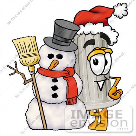 #24967 Clip Art Graphic of a Pillar Cartoon Character With a Snowman on Christmas by toons4biz