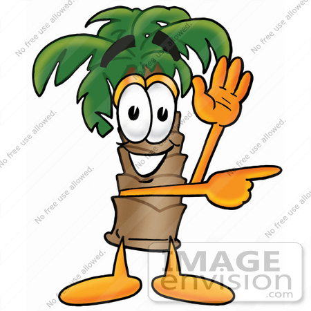 #24984 Clip Art Graphic of a Tropical Palm Tree Cartoon Character Waving and Pointing by toons4biz