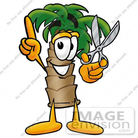 #25003 Clip Art Graphic of a Tropical Palm Tree Cartoon Character Holding a Pair of Scissors by toons4biz