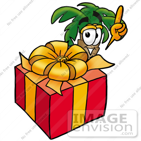 #25016 Clip Art Graphic of a Tropical Palm Tree Cartoon Character Standing by a Christmas Present by toons4biz