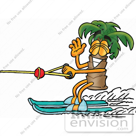 #25018 Clip Art Graphic of a Tropical Palm Tree Cartoon Character Waving While Water Skiing by toons4biz