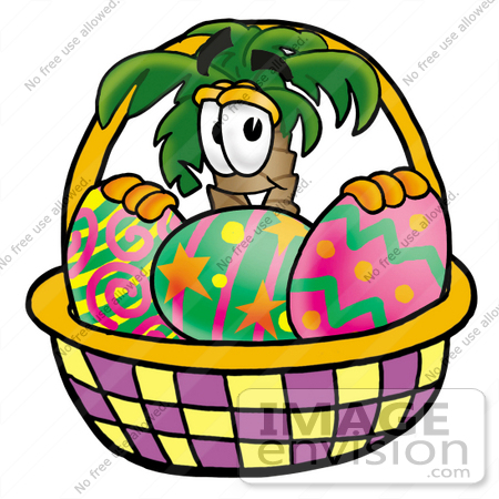 #25022 Clip Art Graphic of a Tropical Palm Tree Cartoon Character in an Easter Basket Full of Decorated Easter Eggs by toons4biz
