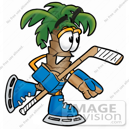 #25028 Clip Art Graphic of a Tropical Palm Tree Cartoon Character Playing Ice Hockey by toons4biz