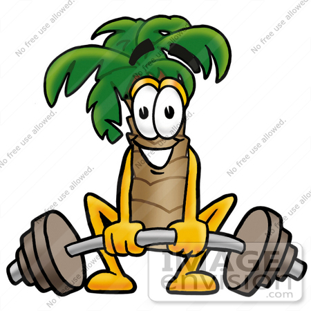 #25033 Clip Art Graphic of a Tropical Palm Tree Cartoon Character Lifting a Heavy Barbell by toons4biz