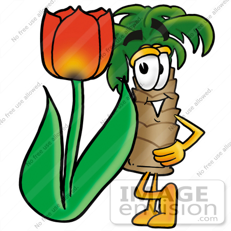 #25035 Clip Art Graphic of a Tropical Palm Tree Cartoon Character With a Red Tulip Flower in the Spring by toons4biz