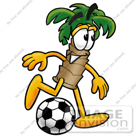 #25036 Clip Art Graphic of a Tropical Palm Tree Cartoon Character Kicking a Soccer Ball by toons4biz