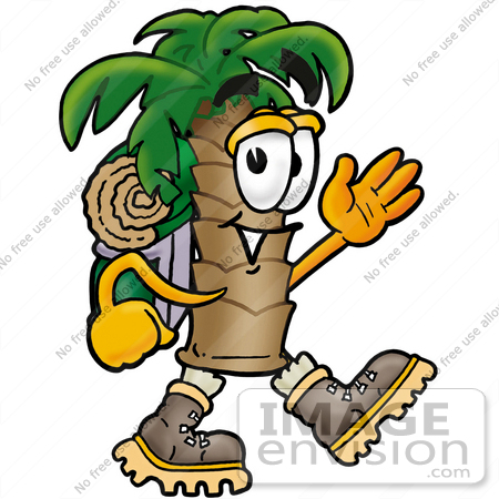 #25038 Clip Art Graphic of a Tropical Palm Tree Cartoon Character Hiking and Carrying a Backpack by toons4biz