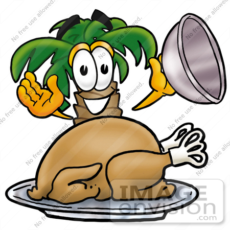 #25041 Clip Art Graphic of a Tropical Palm Tree Cartoon Character Serving a Thanksgiving Turkey on a Platter by toons4biz