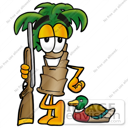 #25044 Clip Art Graphic of a Tropical Palm Tree Cartoon Character Duck Hunting, Standing With a Rifle and Duck by toons4biz