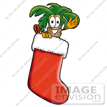 #25049 Clip Art Graphic of a Tropical Palm Tree Cartoon Character Inside a Red Christmas Stocking by toons4biz