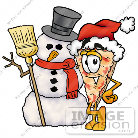 #25059 Clip Art Graphic of a Cheese Pizza Slice Cartoon Character With a Snowman on Christmas by toons4biz