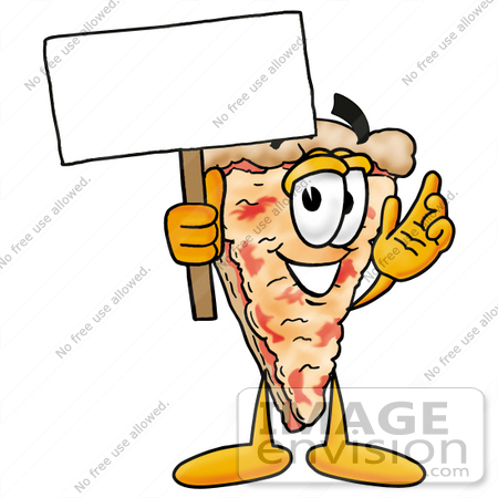 #25060 Clip Art Graphic of a Cheese Pizza Slice Cartoon Character Holding a Blank Sign by toons4biz