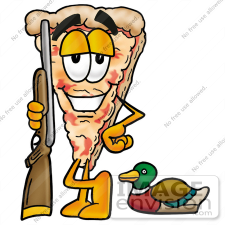 #25065 Clip Art Graphic of a Cheese Pizza Slice Cartoon Character Duck Hunting, Standing With a Rifle and Duck by toons4biz