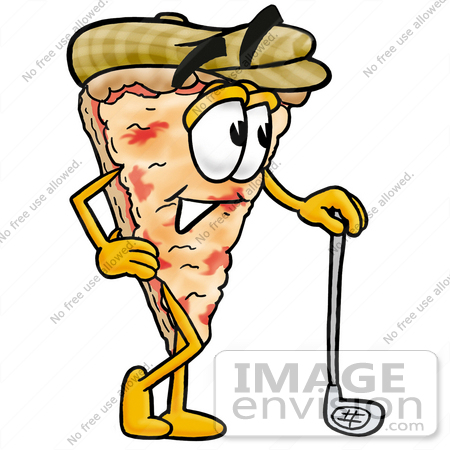 #25066 Clip Art Graphic of a Cheese Pizza Slice Cartoon Character Leaning on a Golf Club While Golfing by toons4biz