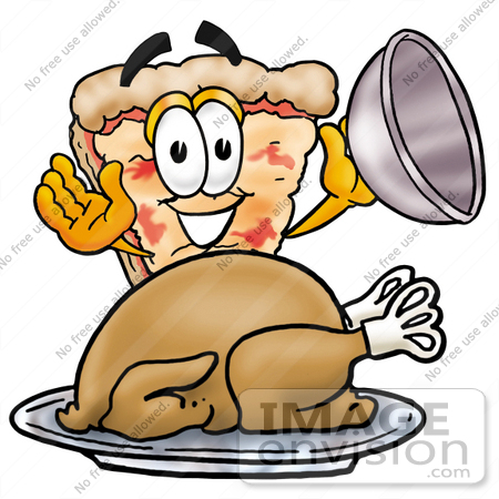 #25073 Clip Art Graphic of a Cheese Pizza Slice Cartoon Character Serving a Thanksgiving Turkey on a Platter by toons4biz