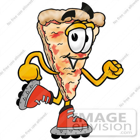 #25084 Clip Art Graphic of a Cheese Pizza Slice Cartoon Character Roller Blading on Inline Skates by toons4biz