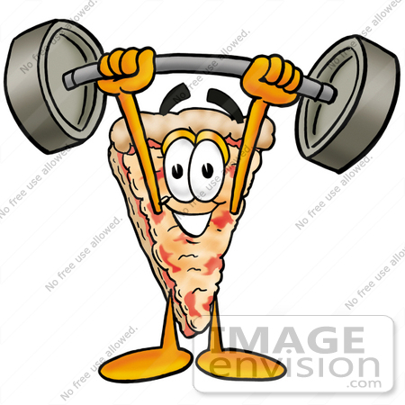 #25086 Clip Art Graphic of a Cheese Pizza Slice Cartoon Character Holding a Heavy Barbell Above His Head by toons4biz