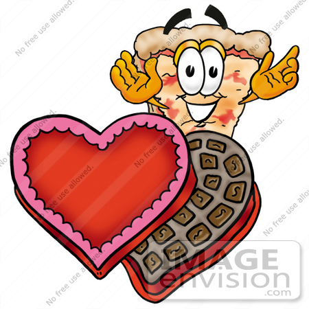 #25091 Clip Art Graphic of a Cheese Pizza Slice Cartoon Character With an Open Box of Valentines Day Chocolate Candies by toons4biz