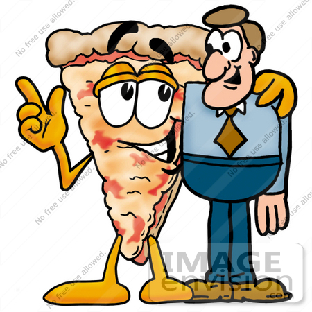 #25097 Clip Art Graphic of a Cheese Pizza Slice Cartoon Character Talking to a Business Man by toons4biz
