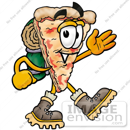 #25101 Clip Art Graphic of a Cheese Pizza Slice Cartoon Character Hiking and Carrying a Backpack by toons4biz