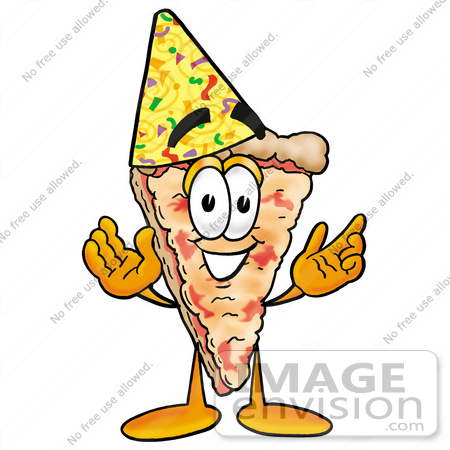 #25105 Clip Art Graphic of a Cheese Pizza Slice Cartoon Character Wearing a Birthday Party Hat by toons4biz