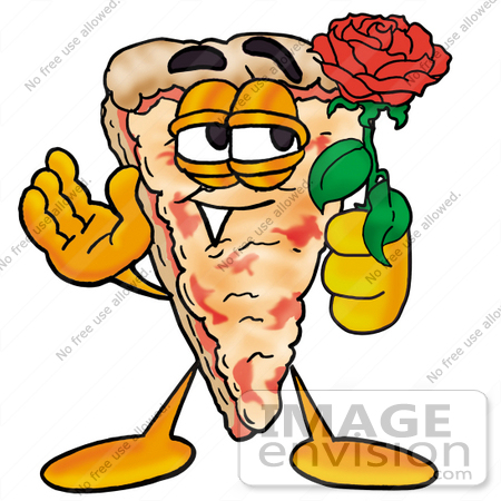 #25111 Clip Art Graphic of a Cheese Pizza Slice Cartoon Character Holding a Red Rose on Valentines Day by toons4biz