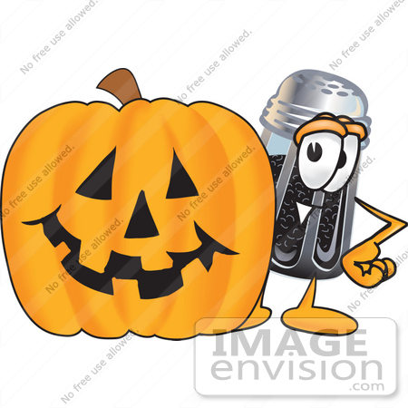 #25121 Clip Art Graphic of a Ground Pepper Shaker Cartoon Character With a Carved Halloween Pumpkin by toons4biz