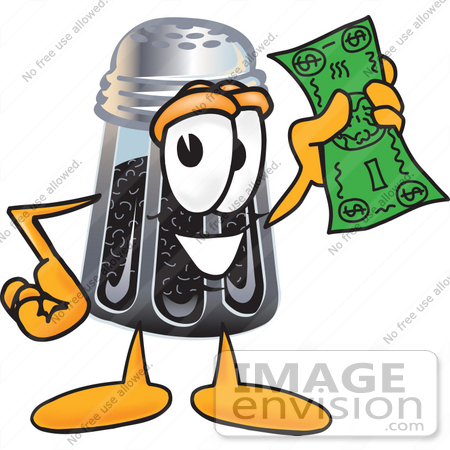 #25131 Clip Art Graphic of a Ground Pepper Shaker Cartoon Character Holding a Dollar Bill by toons4biz
