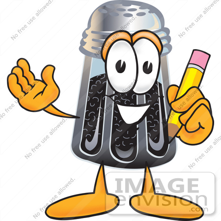 #25138 Clip Art Graphic of a Ground Pepper Shaker Cartoon Character Holding a Pencil by toons4biz