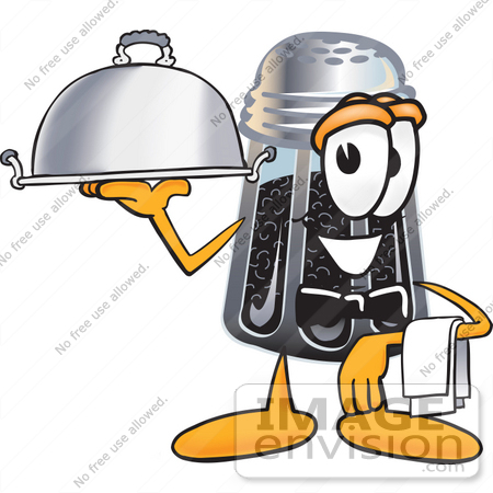 #25140 Clip Art Graphic of a Ground Pepper Shaker Cartoon Character Dressed as a Waiter and Holding a Serving Platter by toons4biz