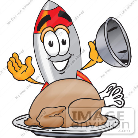 #25158 Clip Art Graphic of a Space Rocket Cartoon Character Serving a Thanksgiving Turkey on a Platter by toons4biz