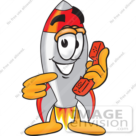 #25162 Clip Art Graphic of a Space Rocket Cartoon Character Holding a Telephone by toons4biz
